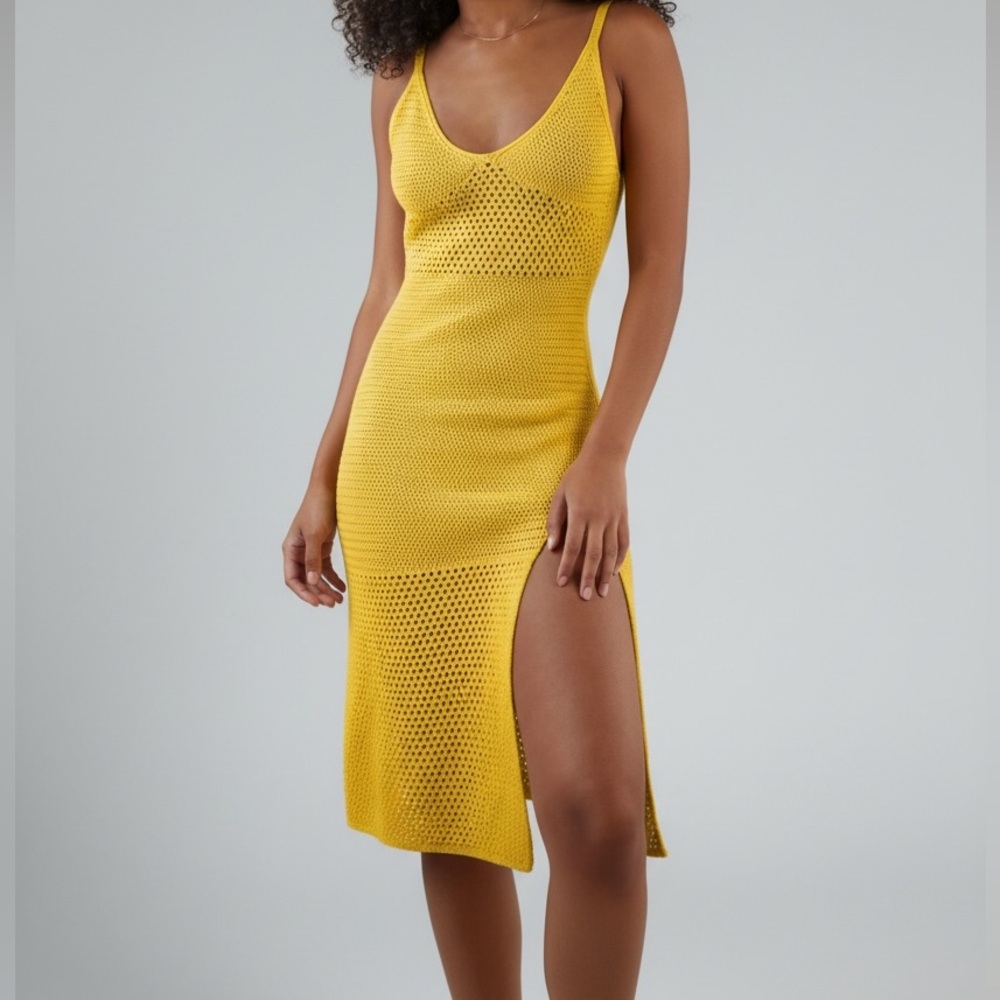 NEW• Bella By The Beach Yellow Crochet Knit Dress with Side Slit•XL